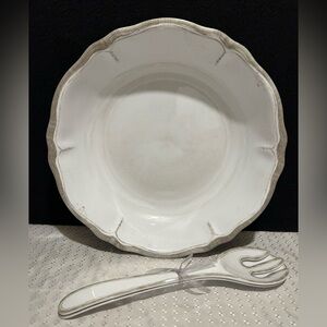 Le CADEAUX Melamine RUSTICA ANTIQUE WHITE Salad Bowl with Salad Servers